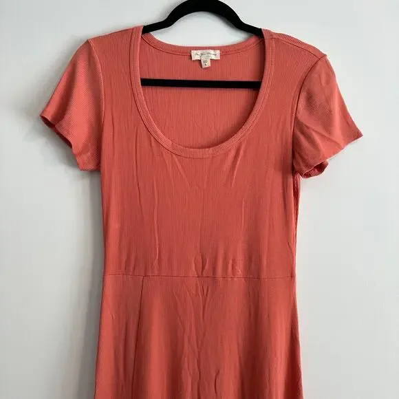 See You Monday Ribbed Short Sleeve Midi Dress Women's Large Orange Side Slit - Picture 2 of 6